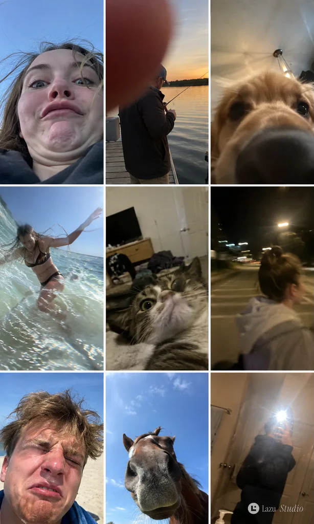 A nine-panel vertical grid displaying various blurry, poorly framed amateur photographs.