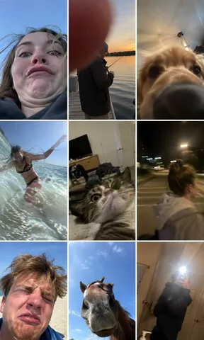 A nine-panel vertical grid displaying various blurry, poorly framed amateur photographs.