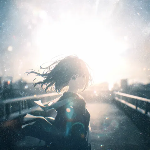 Blurry, cinematic view of a short-haired girl in a warm golden haze and high-contrast shadows.