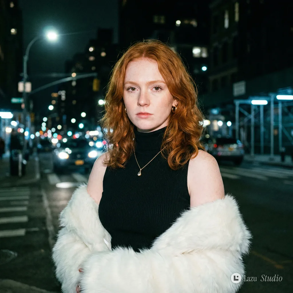 Close-up of a copper-haired woman wearing a white fur stole against a nocturnal city backdrop.