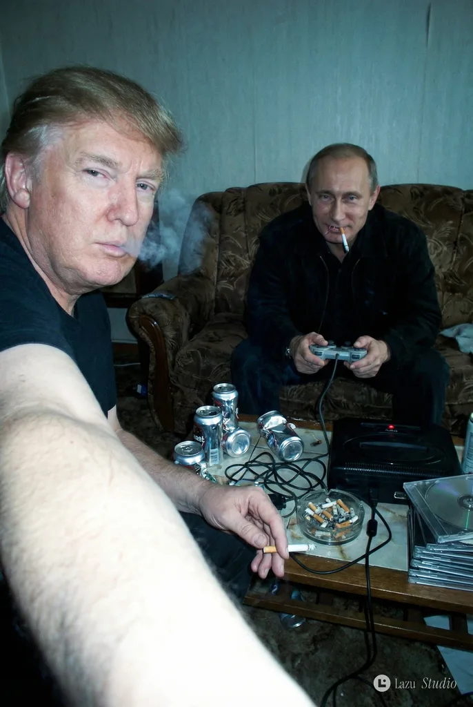 Flash selfie of Trump exhaling smoke while Putin sits on a couch holding a video game controller.
