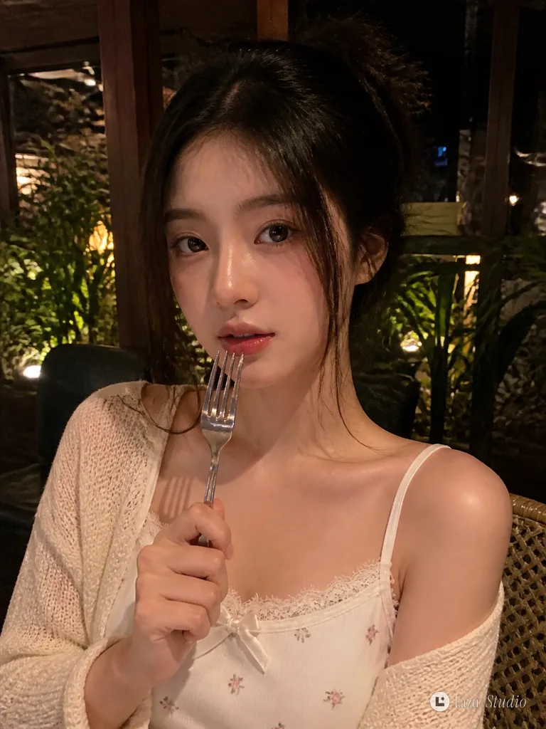 Half-body photo of a young woman resting a fork near her chin in a cozy restaurant at night.