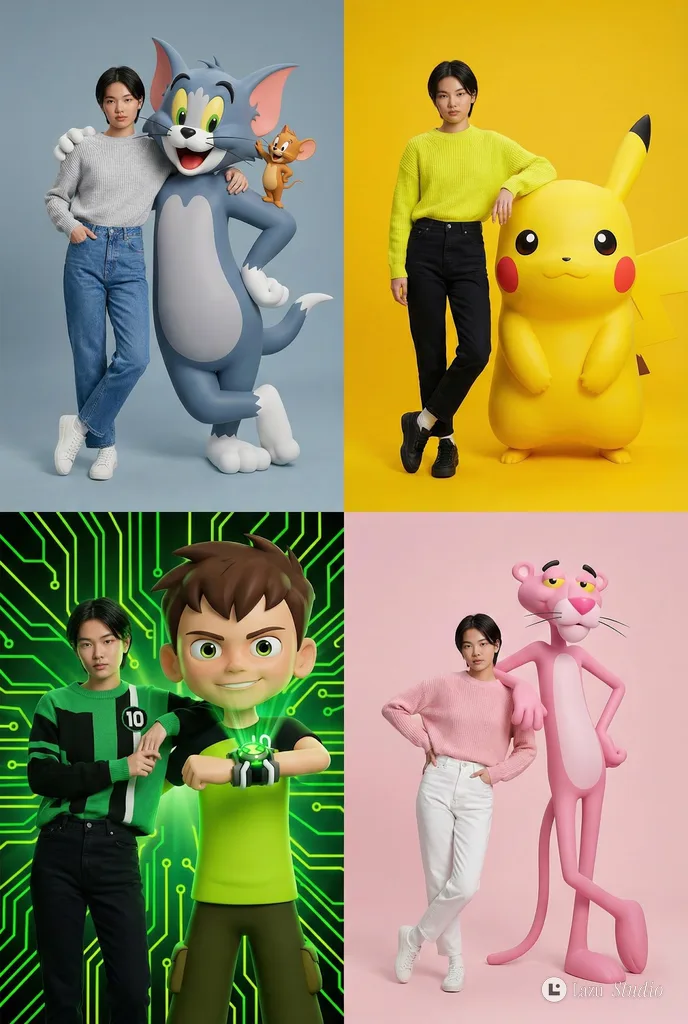 A fashionable model posing naturally next to a giant 3D animated cartoon character in a studio.