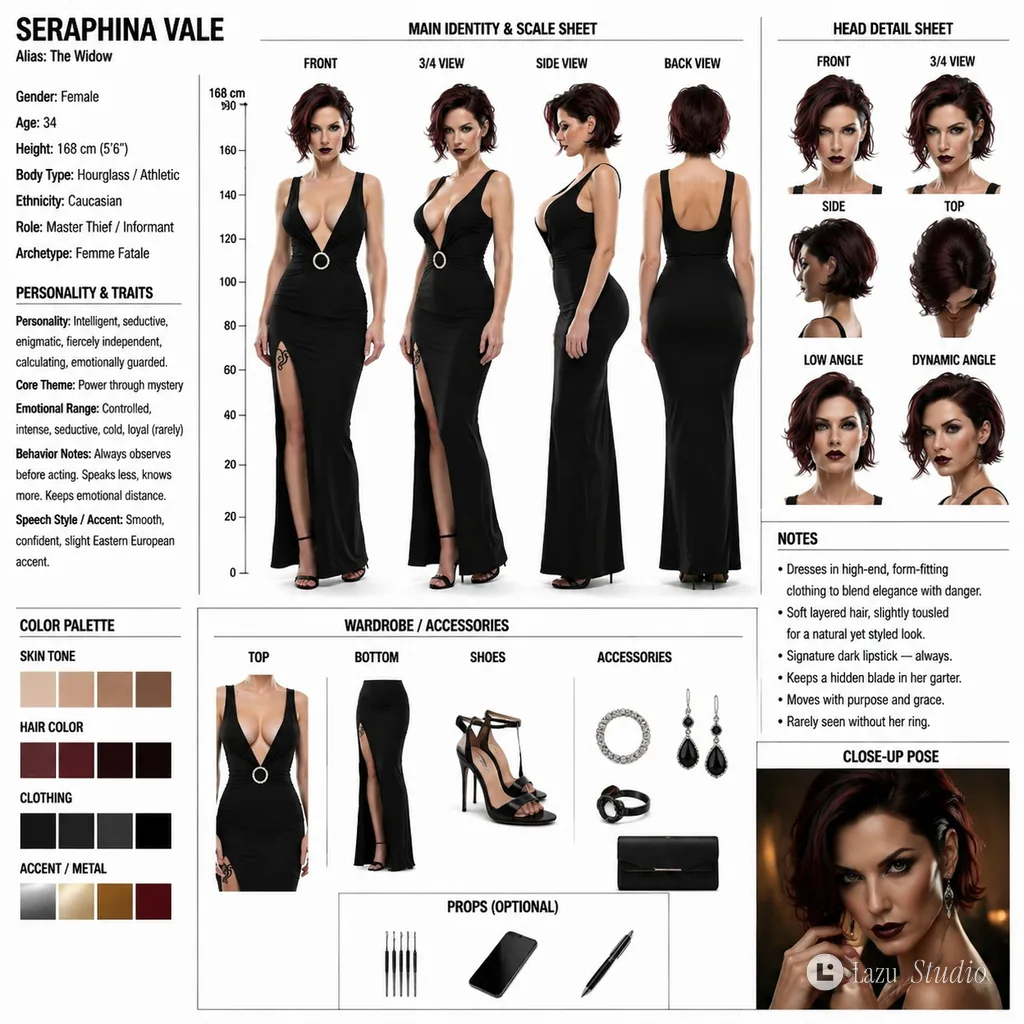 Character concept art turnaround sheet template showing multiple angles on a clean white background.