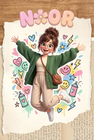 3D animated girl in glasses jumping against a pastel graffiti and torn paper collage background.