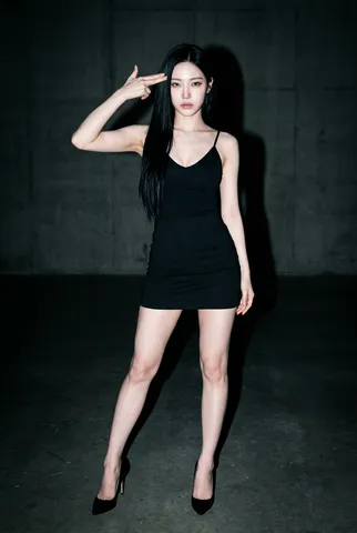 A woman in black holding a finger-gun pose against her temple in direct camera flash.