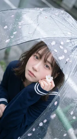 Top-down view of a young woman looking up through a wet, clear umbrella with rain droplets.