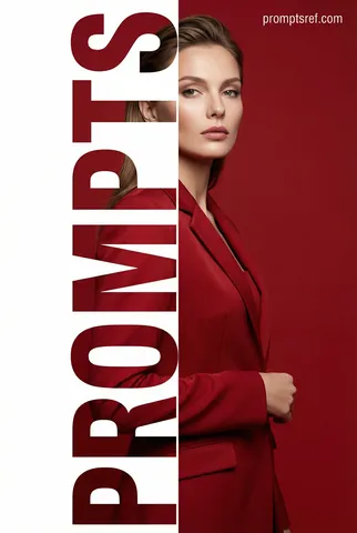 High-fashion editorial poster with bold vertical typography in red tones.