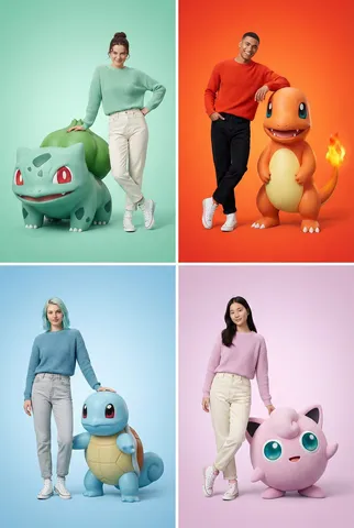 Model in a knit sweater and jeans posing with a giant 3D rendered Bulbasaur in a clean studio.