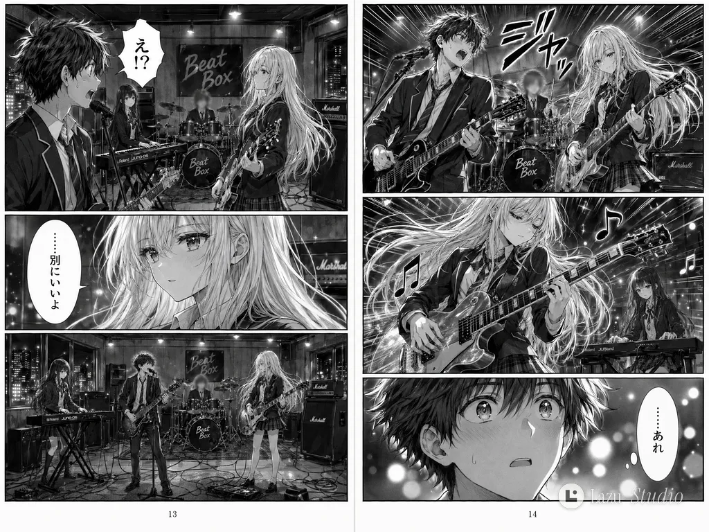 Black-and-white manga spread of four high school students rehearsing with guitars, drums, and keyboard in a studio.