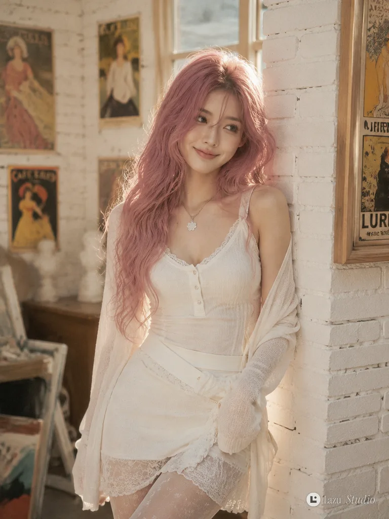 Young woman with pastel-pink hair and elegant layered white attire posing gently near a white brick wall.
