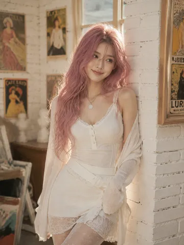 Young woman with pastel-pink hair and elegant layered white attire posing gently near a white brick wall.