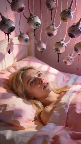 Biomechanical surveillance eyes hanging from ceiling cables above a woman lying on a bed.
