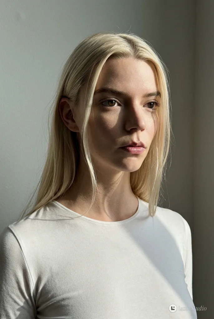 Side-lit close-up portrait of a platinum blonde woman with a distant expression against a neutral wall.