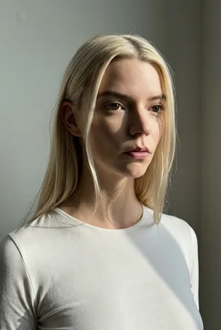 Side-lit close-up portrait of a platinum blonde woman with a distant expression against a neutral wall.