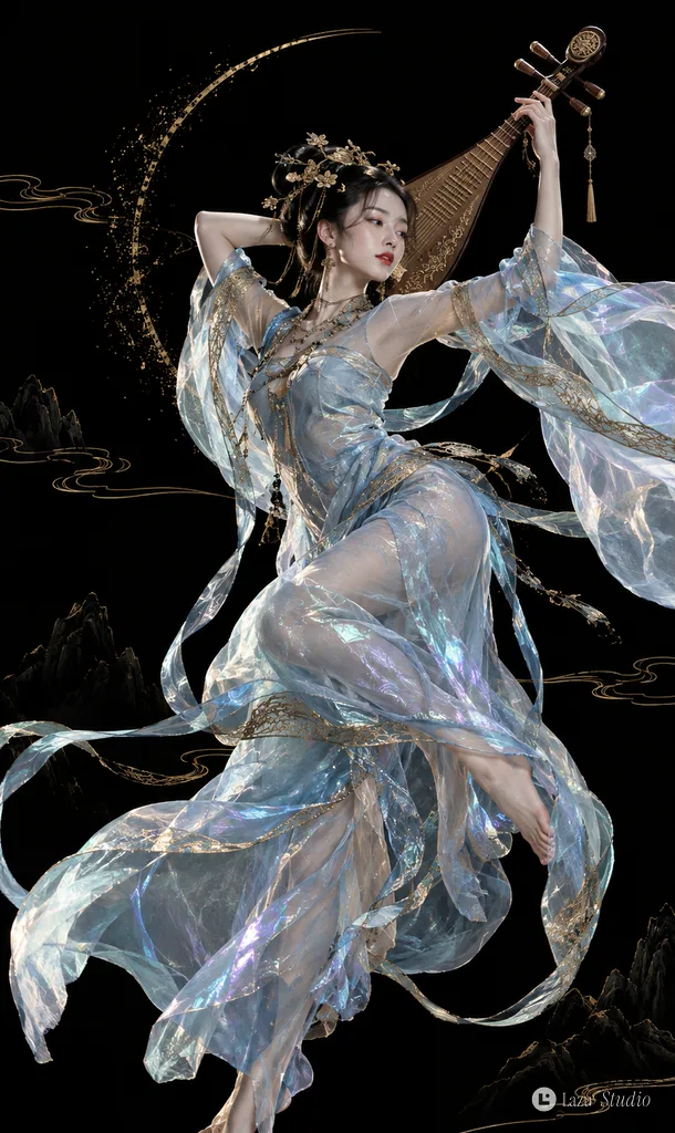 East Asian female musician holding a pipa while suspended midair in flowing blue silk.
