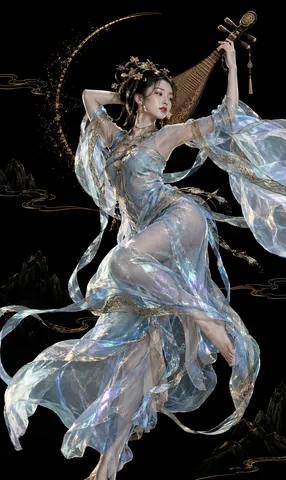 East Asian female musician holding a pipa while suspended midair in flowing blue silk.