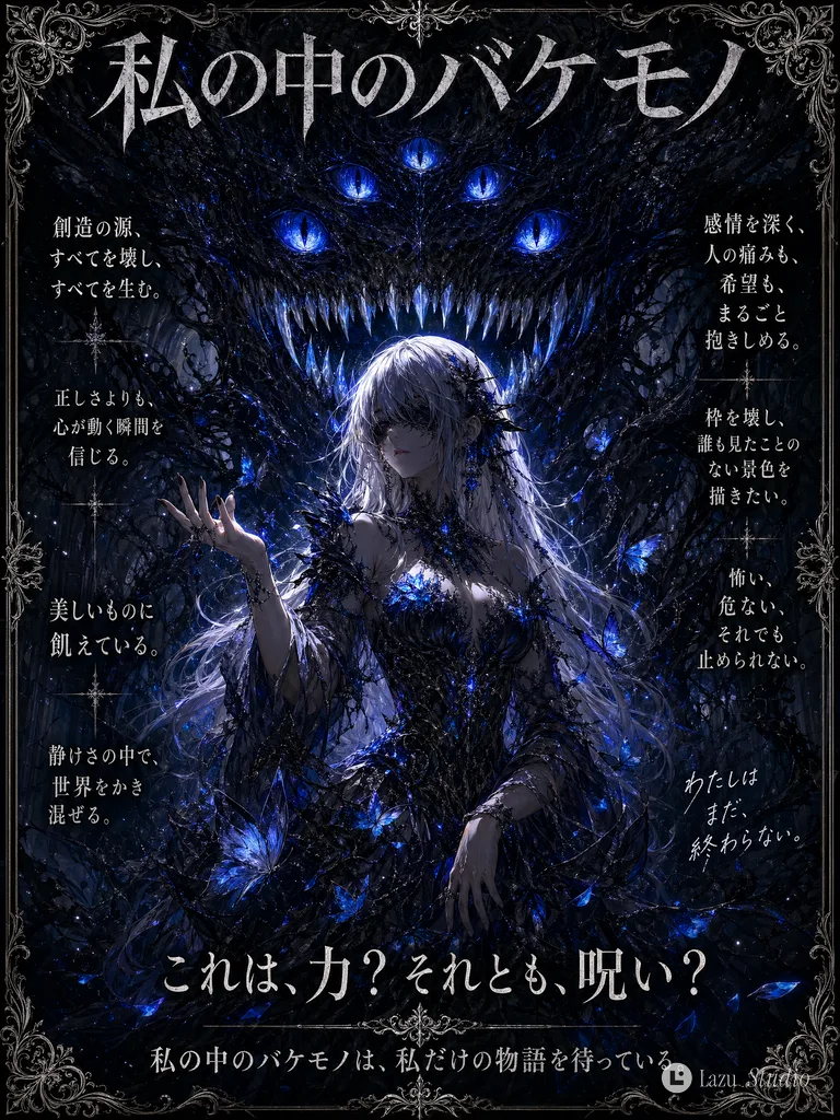 Anime gothic illustration of a silver-haired woman in a dark dress with glowing blue butterflies and a shadowy monster.