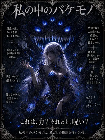 Anime gothic illustration of a silver-haired woman in a dark dress with glowing blue butterflies and a shadowy monster.