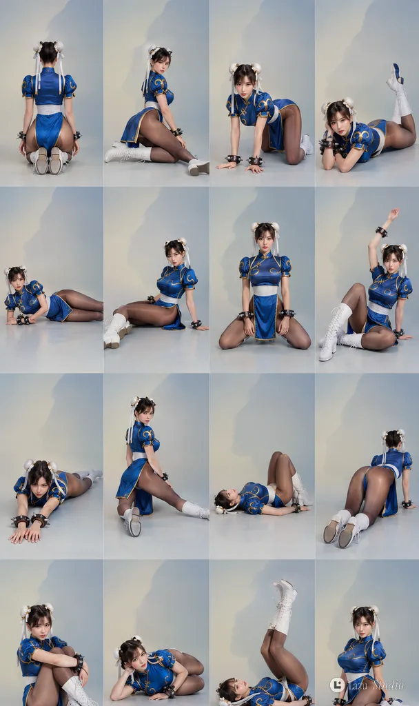A 16-frame grid photo sheet showing Chun-Li in various seated, kneeling, and reclining poses.