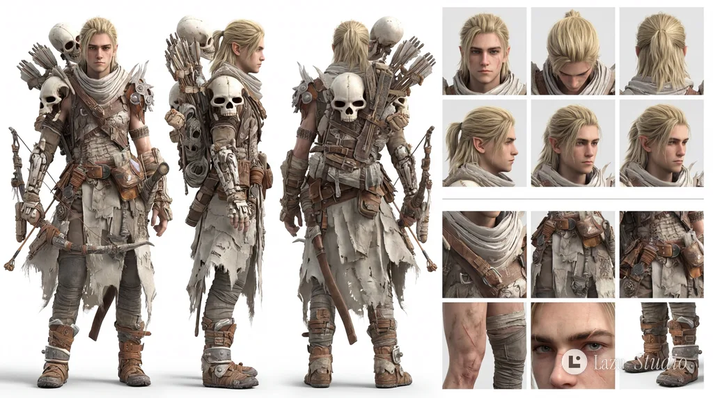 Professional character model sheet featuring full-body front, side, and back views.