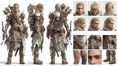 Professional character model sheet featuring full-body front, side, and back views.