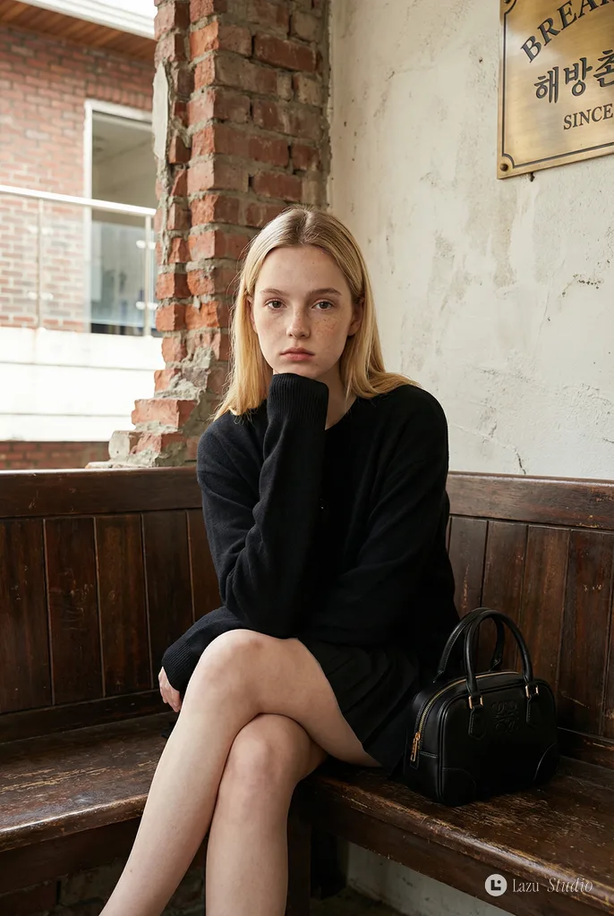 Blonde woman with freckles wearing a black cardigan and pleated skirt sitting on a wooden bench.