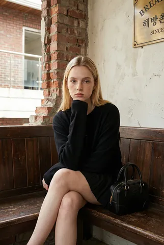 Blonde woman with freckles wearing a black cardigan and pleated skirt sitting on a wooden bench.