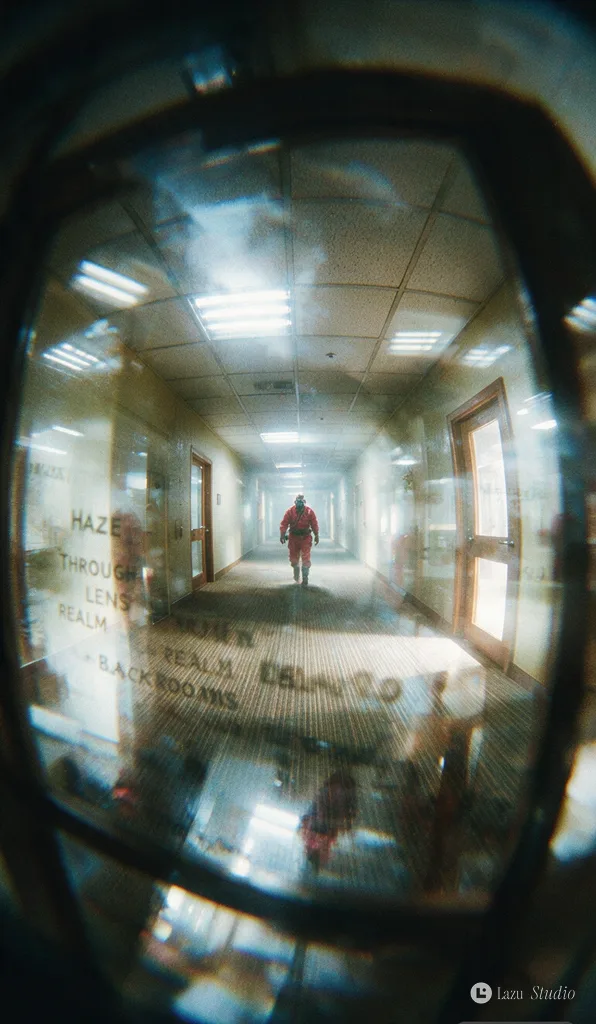 A lone masked figure in red protective clothing standing in an expansive blurred liminal room.