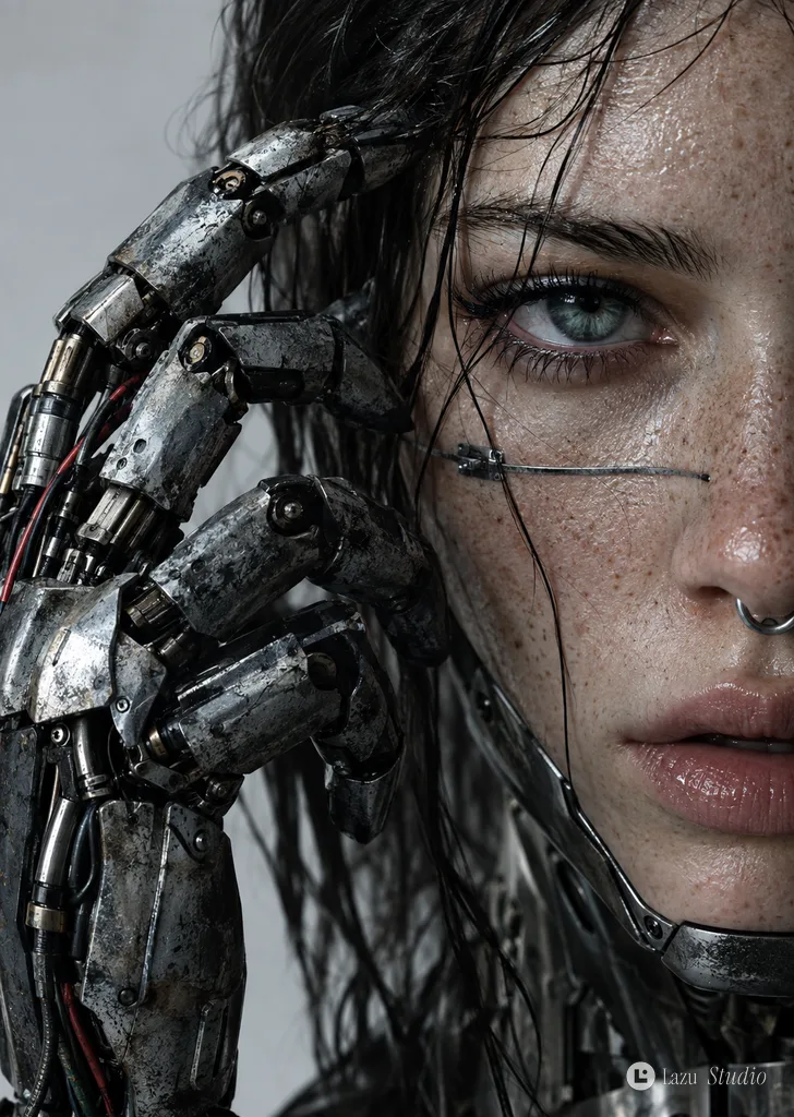 Cinematic portrait of a freckled woman with cybernetic implants and an industrial robotic hand.