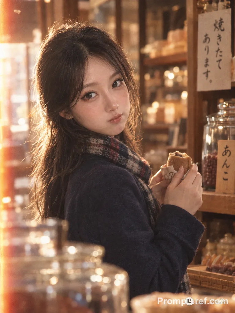 菓子を手に持ち、金色の光に包まれて振り返る女性のフィルム風ポートレート。