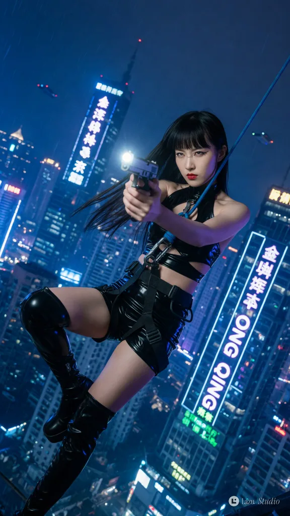 A woman suspended by a rope aiming a gun forward against a neon-lit cyberpunk cityscape.