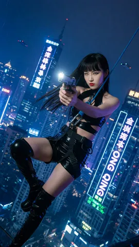 A woman suspended by a rope aiming a gun forward against a neon-lit cyberpunk cityscape.