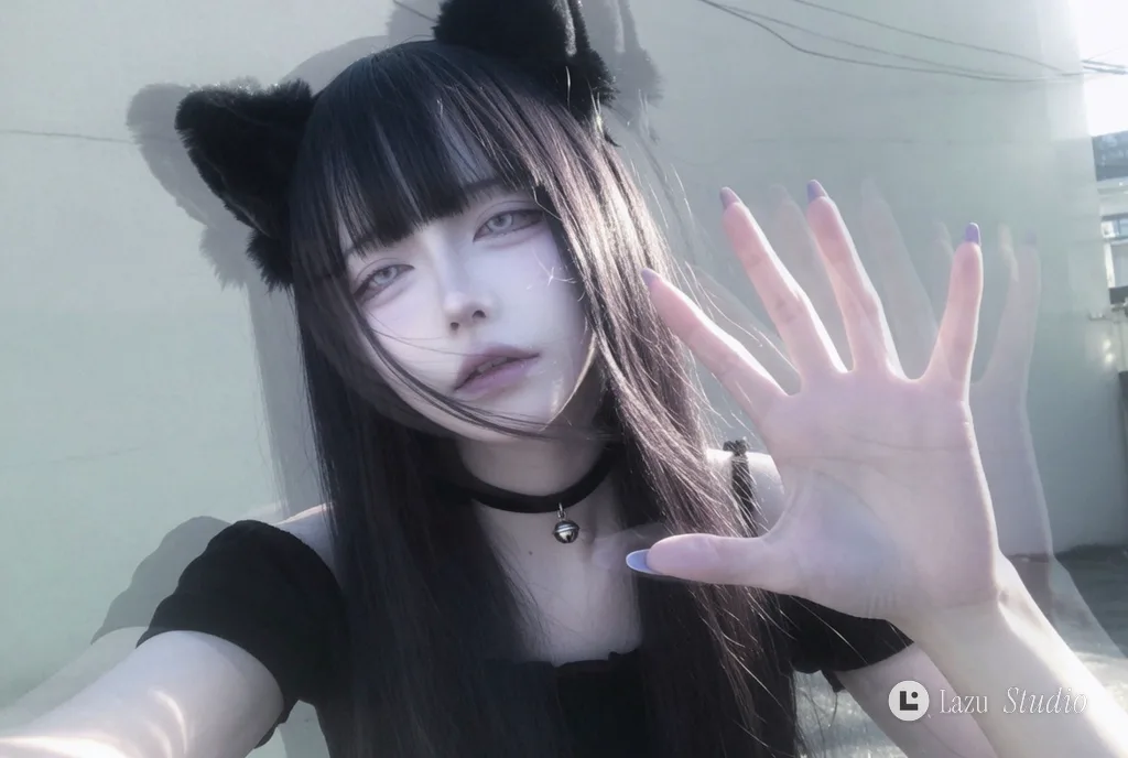 Grainy casual selfie of a catgirl with pale skin, dark hair, and a black choker.