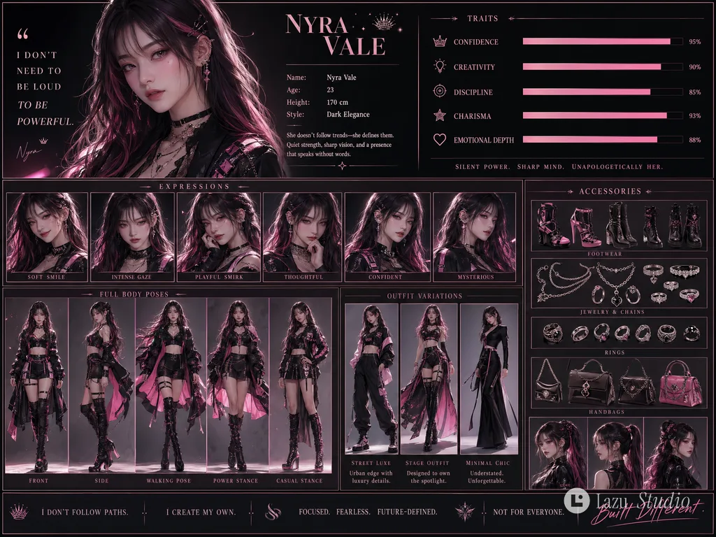 Vertical character profile poster of a woman in black and pink with a sleek magazine layout.