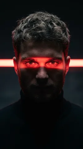 Low-key portrait of a man with a horizontal streak of red neon light illuminating his eyes.