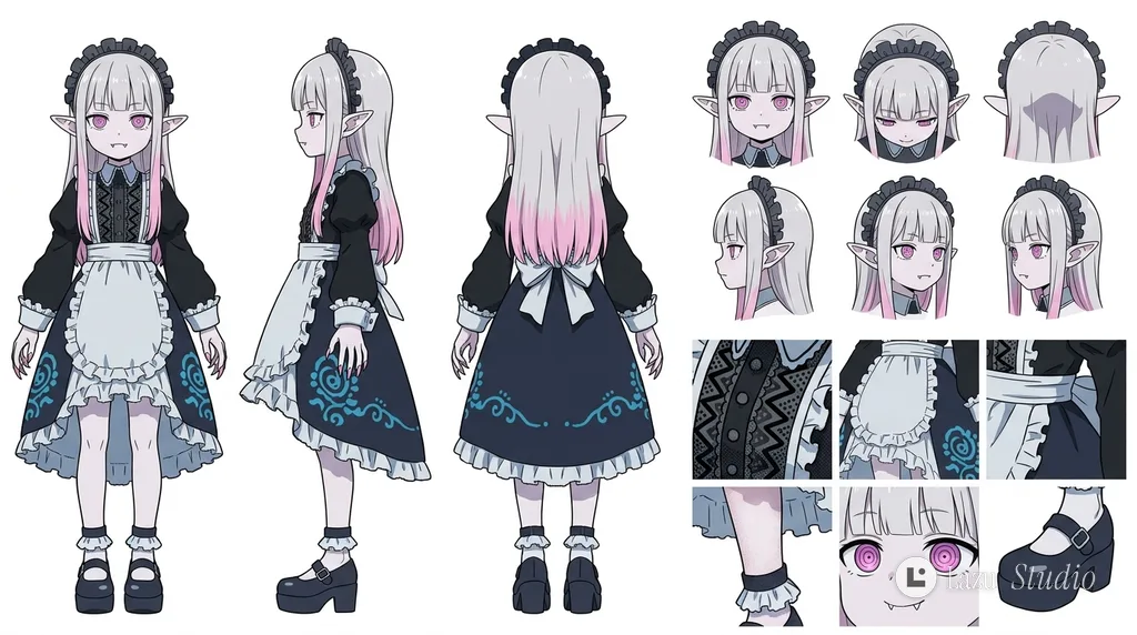 Clean character turnaround sheet with front, side, and back full-body views on a white background.