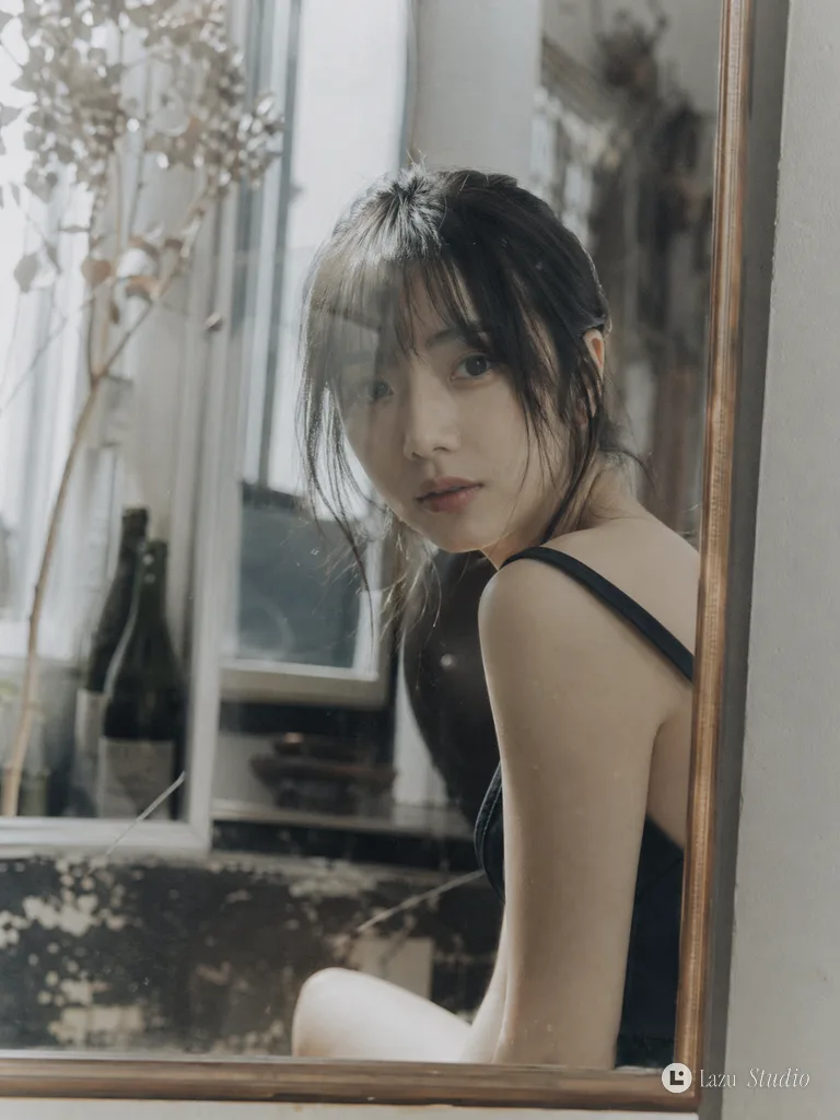 Japanese idol looking directly forward through layered glass reflections in a vintage negative film style.