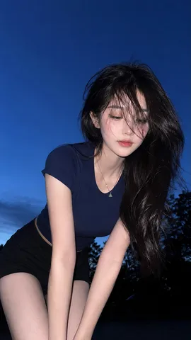 A young woman looking downward in an outdoor snapshot illuminated by a flash against a twilight blue sky.