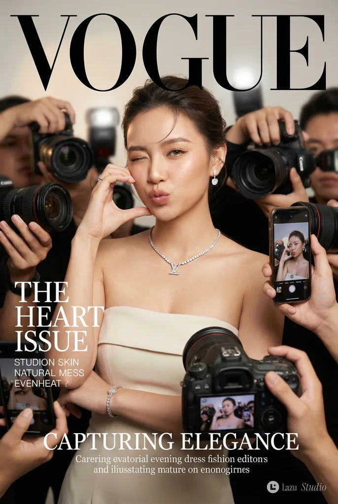 Fashionable woman winking with hand heart gesture, surrounded by smartphones and cameras.