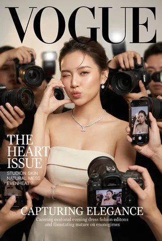 Fashionable woman winking with hand heart gesture, surrounded by smartphones and cameras.