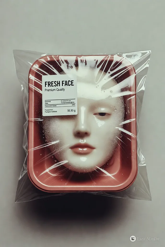 Human face vacuum-sealed in a red plastic food tray wrapped in cling film.