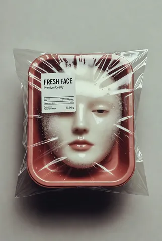 Human face vacuum-sealed in a red plastic food tray wrapped in cling film.