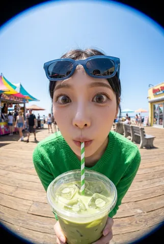 Extreme close-up fisheye view of a person drinking iced matcha latte on a boardwalk.