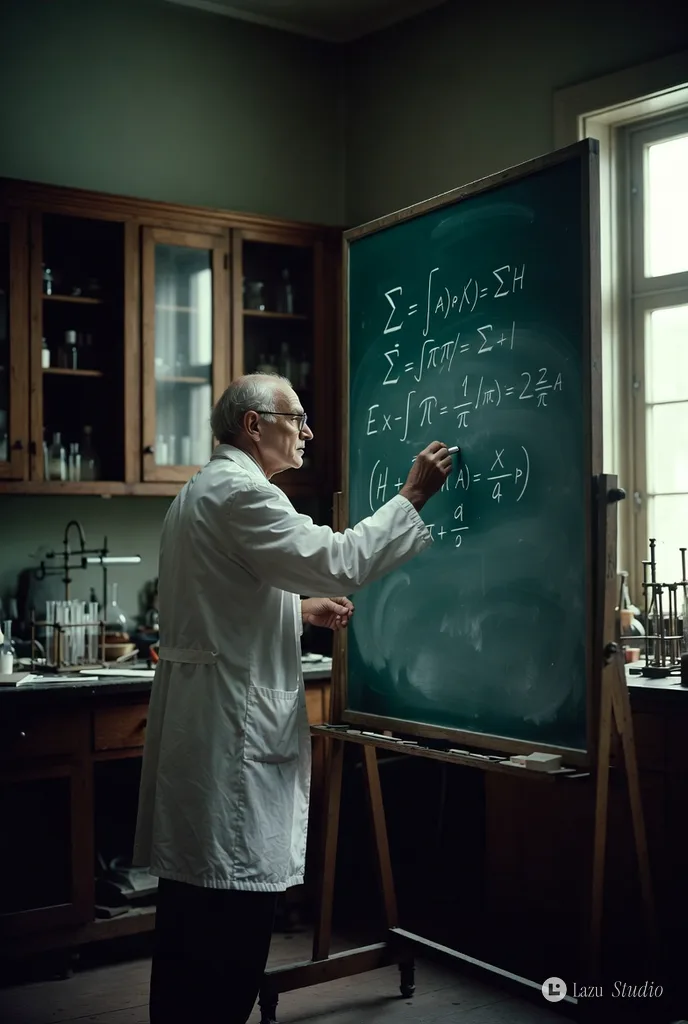 A physicist writing complex mathematical equations on a large chalkboard inside a laboratory.