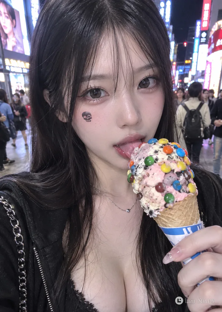 Front-facing smartphone selfie of a woman holding an ice cream cone on a busy neon-lit city street.