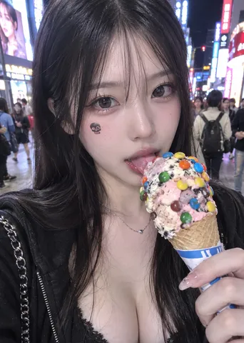 Front-facing smartphone selfie of a woman holding an ice cream cone on a busy neon-lit city street.