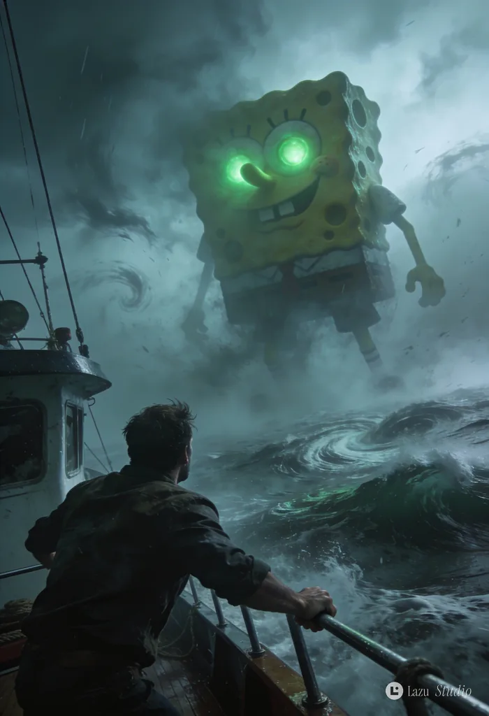 A man on a boat looks in terror at a gigantic SpongeBob with glowing green eyes rising from a misty, stormy sea.
