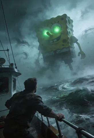A man on a boat looks in terror at a gigantic SpongeBob with glowing green eyes rising from a misty, stormy sea.
