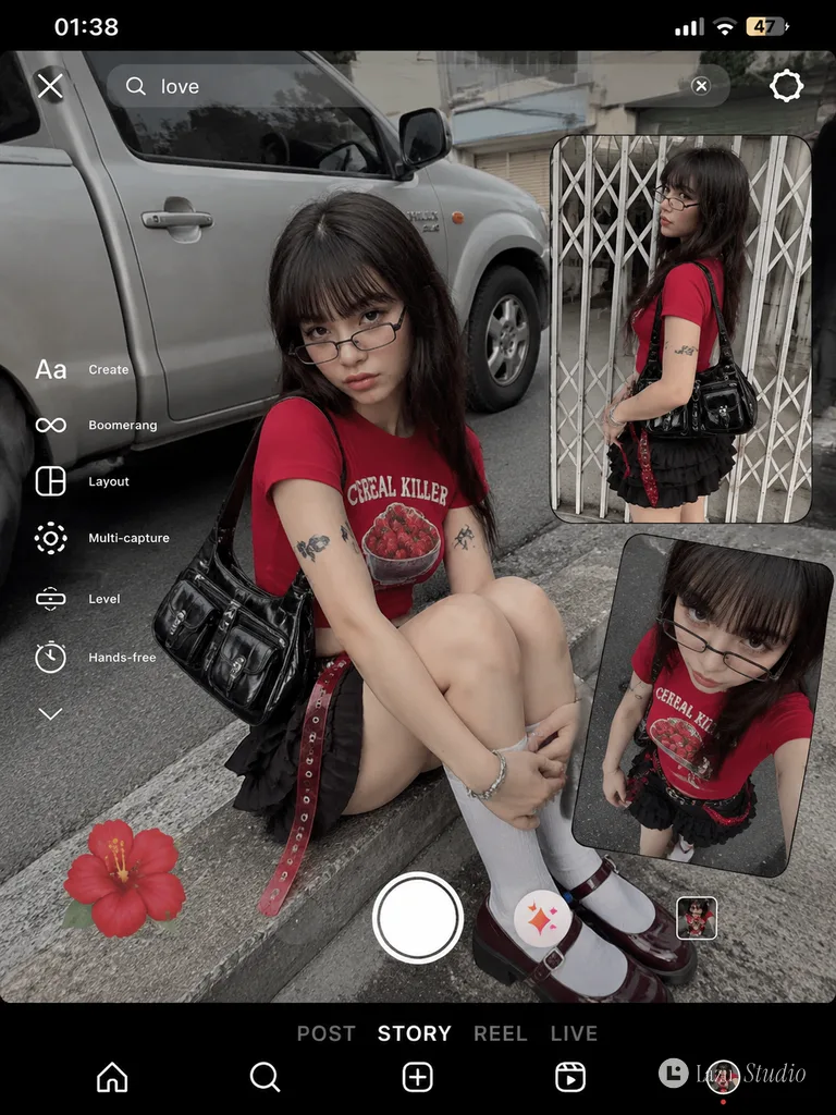 Instagram-style photo collage of a woman in Y2K fashion sitting on a street curb.